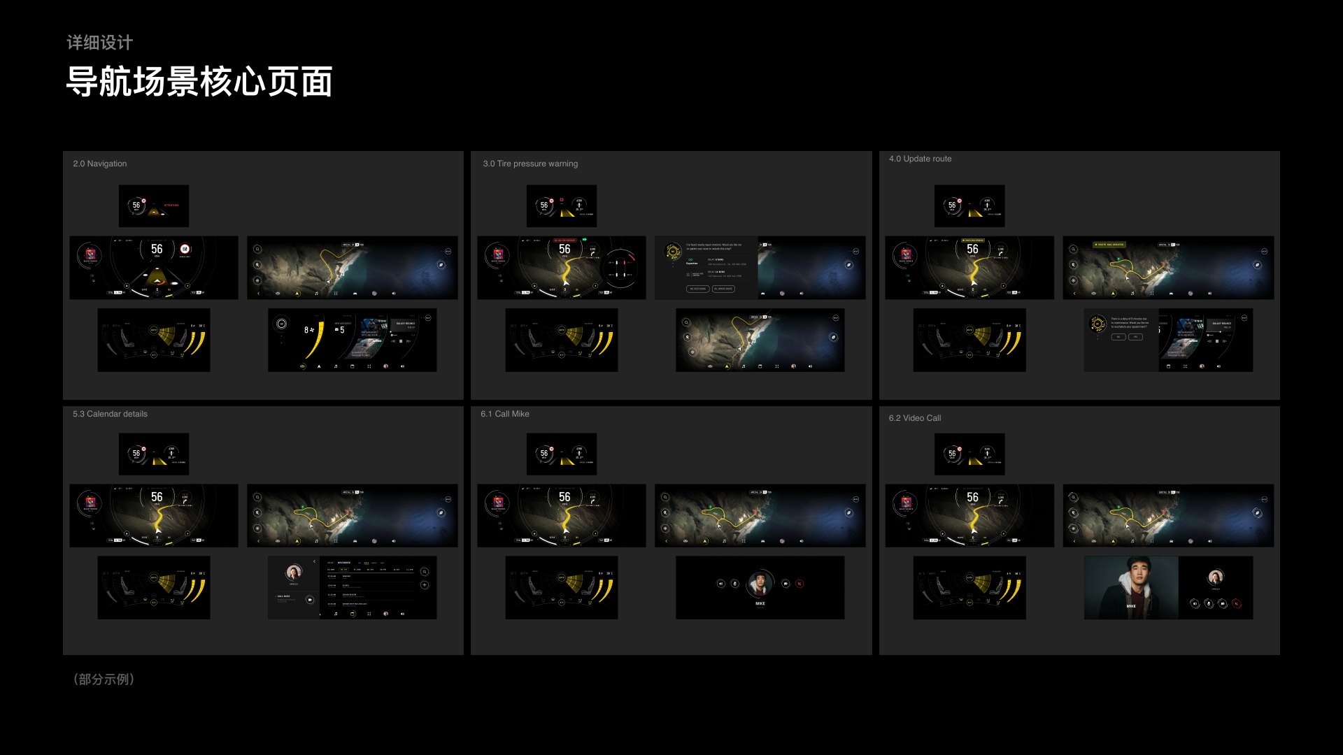 Navigation, warning, calendar and calling interface designs
